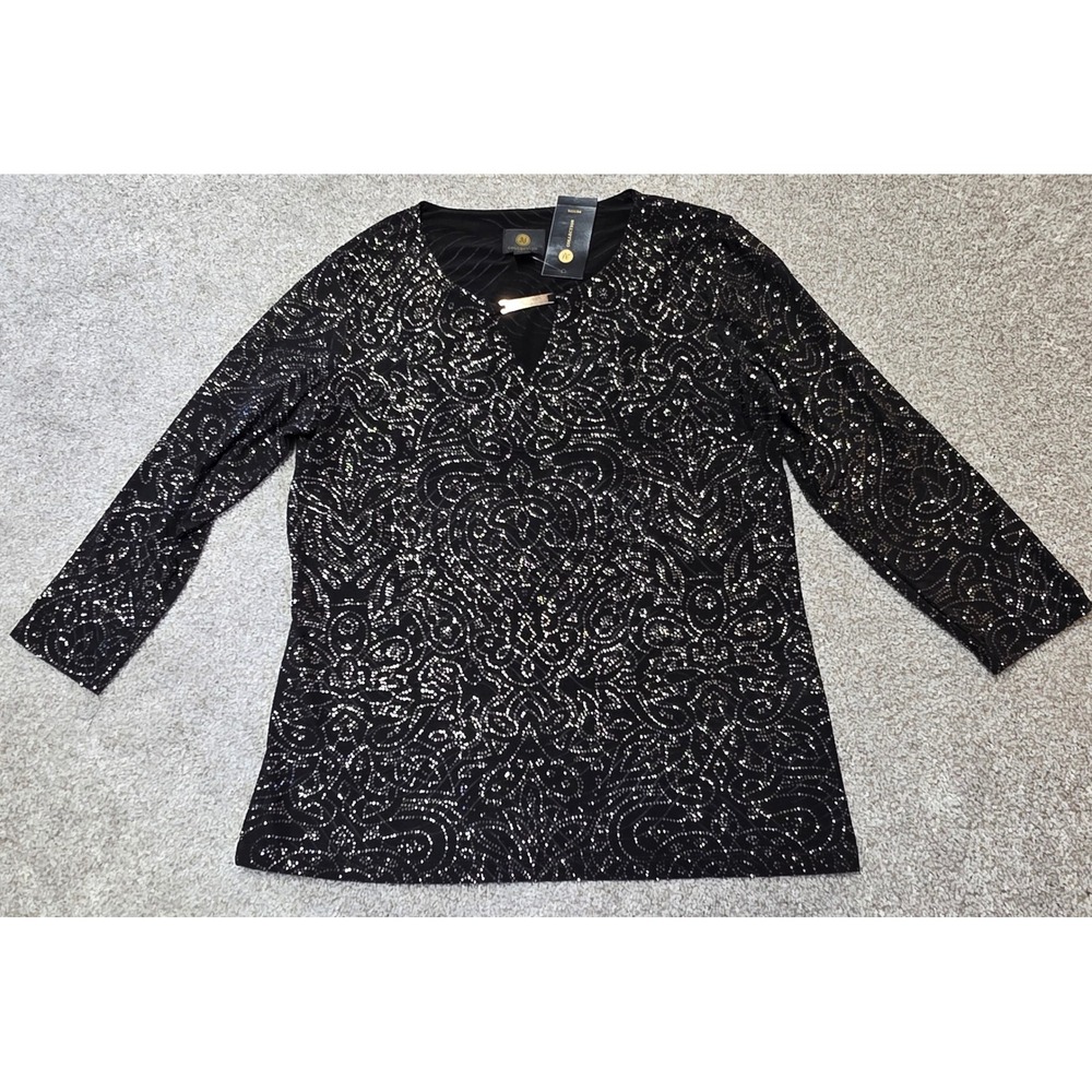 JM Collection Womens Jacquard Knit Shimmer Paisley V-Neck Top Black PMed
381
